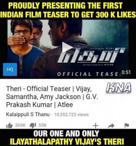 Theri Teaser Creates First Indian Film Record In YouTube
