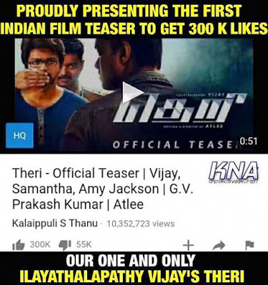 Theri Teaser Creates First Indian Film Record In YouTube