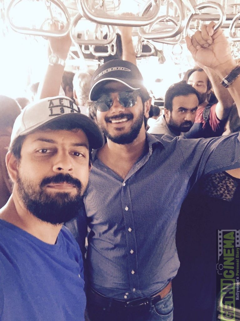 Dulquer takes a train to shooting spot for a Tamil film.