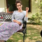 Hindi Medium actress pakistani saba qamar zaman  garden bench pic grey t shirt and violet frock(14)