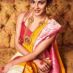 Seerat Kapoor, red and yellow saree