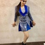 Andrea Jeremiah, blue dress, full size, glamour