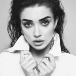 Amy Jackson, black and white, smile