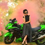 Anikha Surendran, Baby Anika, 2018, Black dress, Green bike