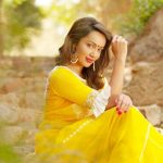 Tejaswi Madivada,  yellow dress, red, lipstick
