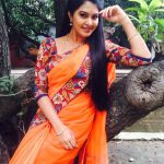 rachitha dinesh mahalakshmi Saravanan Meenakshi actress, instagram and travel photos  (2) in orange saree  posing against a tree