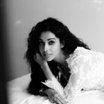 anupriya goenka  black and white photography free hair white dress gown, and white slip  (2)