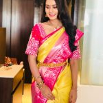 Payal Rajput, yellow saree, pink border