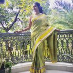 Priya Anand, LKG tamil Actress, green saree, home