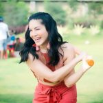 Sunny Leone, red dress, smile