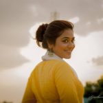 Indhuja, yellow dress, back side, evening