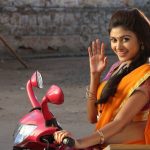 Oviya helen, orange saree, bike