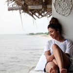 monisha ram, white dress, beach