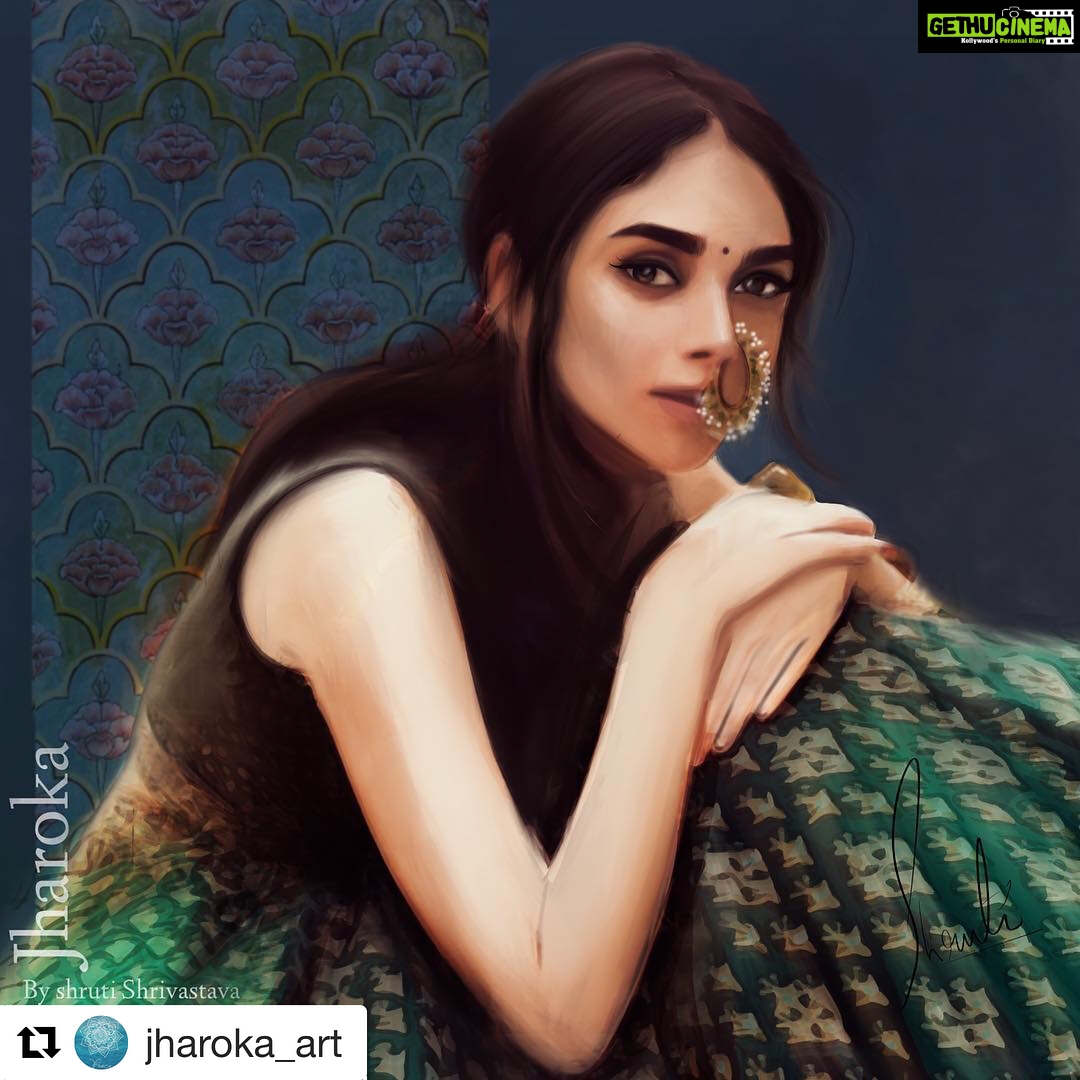 Aditi Rao Hydari Instagram - How beautiful is this! thank you @jharoka_art.... ❤️ see for yourselves peeps- the photograph, and this amazing painting of it! #portrait #fanart