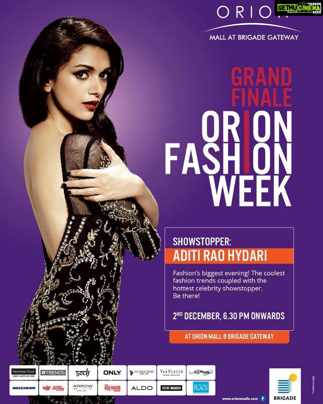 Aditi Rao Hydari Instagram - All you fashion lovers out there, get ready for the most glamorous in-house fashion event, the #OrionFashionWeek...see you all there soon....TONIGHT❤❤ #OrionFashionWeek2017 #ShowStopper #FashionsBiggestEvening #Bangalore @orionmalls
