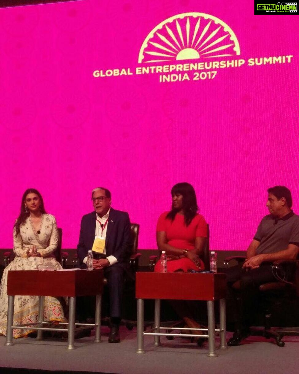 Aditi Rao Hydari Instagram - #GES2017 #Hyderabad at a fabulous discussion on cinema... more power to the entertainment industry in all its many avatars! Thank you @_subhashchandra, #RonnieScrewvala & @stephanielinus 🌟🌟🌟🌟