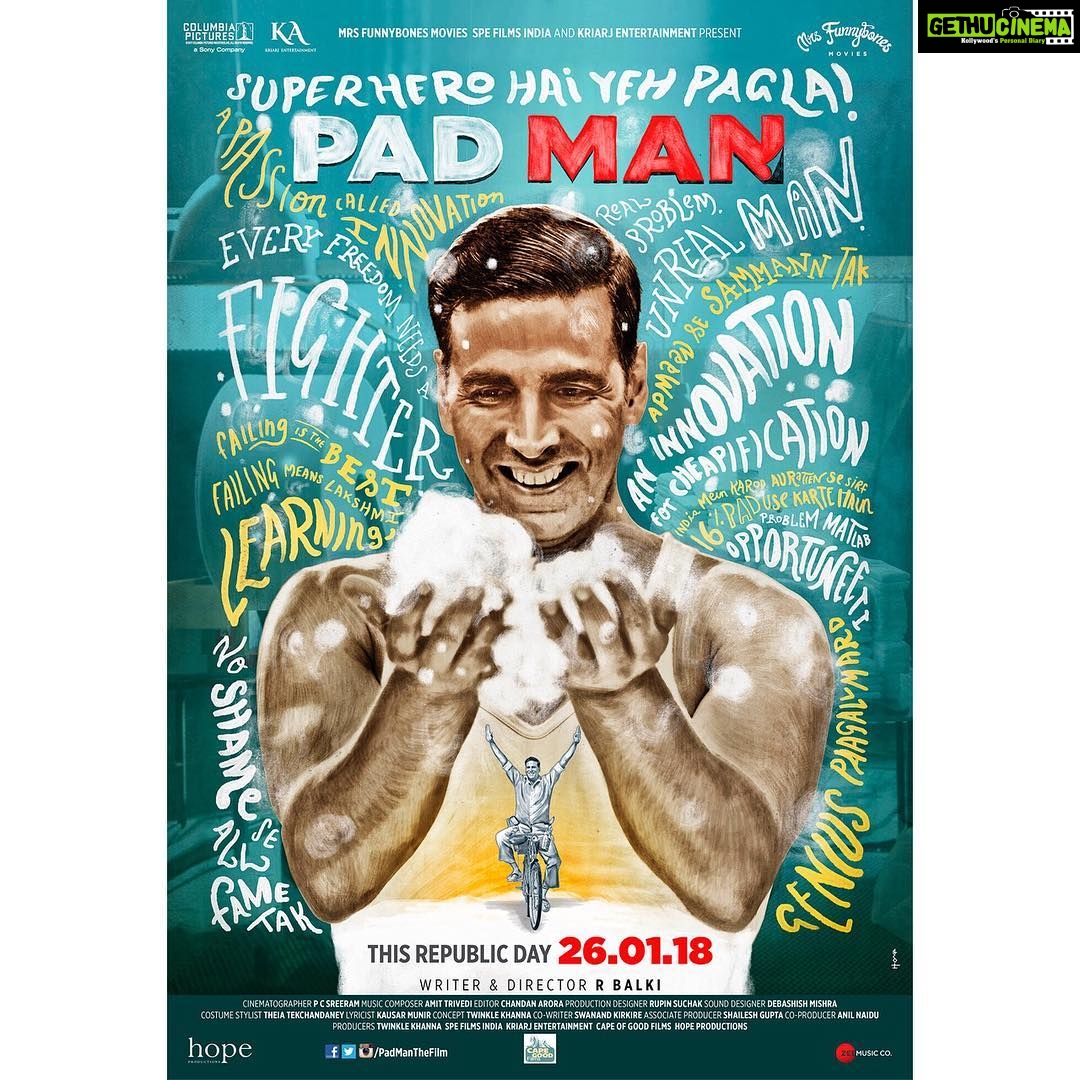 Akshay Kumar Instagram - What it takes to be #PadMan! Get to know this Republic Day, 26.01.18 And today don't forget to catch me with the real Pad Man LIVE on my Facebook page at 12 noon from IIT Bombay's Mood Indigo! @PadManTheFilm @sonamkapoor @radhikaofficial @twinklerkhanna @sonypicturesin @kriarj #RBalki #26Jan2018