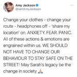 Amy Jackson Instagram - For so many women out there, myself included, this week has been traumatising and heart wrenching. Sarah Everard was simply making her way home from a friends house & now she’s gone forever. Following all the ‘rules’ society has laid out for us... she wore bright clothes, sensible shoes, walked down a well lit road whilst making a call to a loved one and all of this being not toooo late at night of course... WHY SHOULD WE HAVE TO DO THIS TO PROTECT OURSELVES?! Women are not the issue here, it’s not women who need to change. The horrific irony that #NOTALLMEN was trending higher than Sarah’s name yesterday screams how unjust our world actually is. How and why does protecting the male ego become a more talked about topic than the death of this innocent woman?! It’s insane!! Yes, of course it’s not ‘all men’ but unfortunately when 97% of women in the UK aged between 18-24 have been sexually harassed every man out there needs to make a conscious point of speaking out. We want to able to walk home in our own city after sunset and not fear for our safety and in this case, at the cost of this beautiful young woman’s life. Sarah, in your name, we will unite and reclaim the night - a movement that we are still fighting for 40 years on. Rest in peace angel.