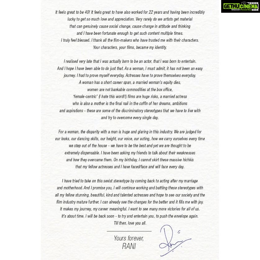 Anushka Sharma Instagram - You've always been an inspiration and you continue to be one with this letter, here's to breaking stereotypes 🙌🏻 #HappyBirthdayRani! 💖