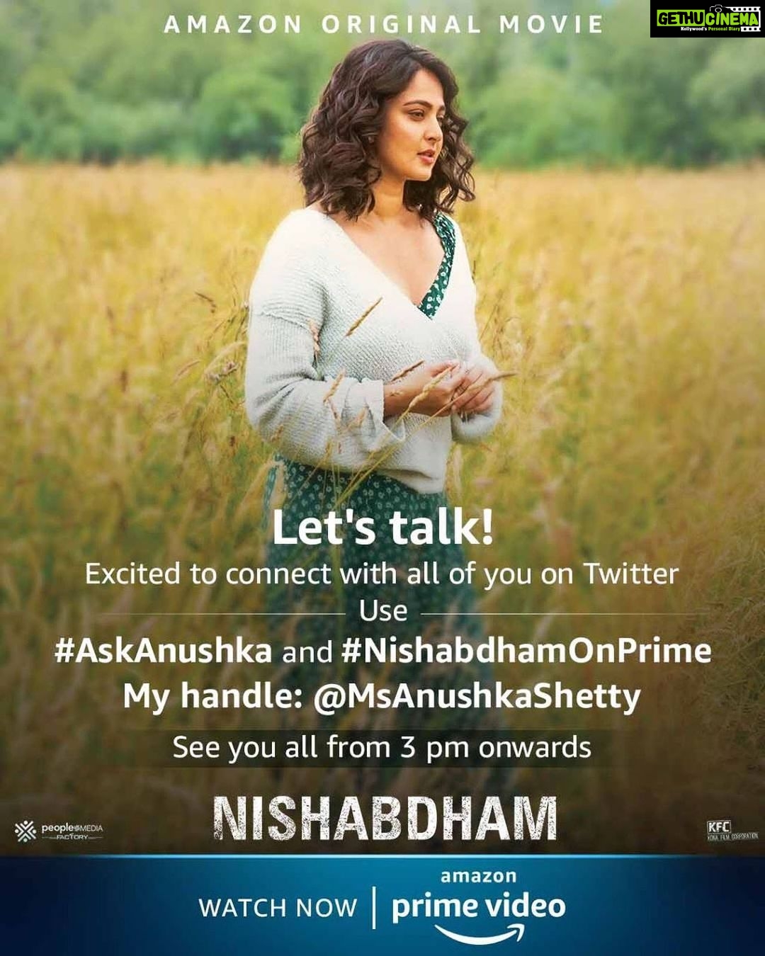 Anushka Shetty Instagram - Join me for a Twitter chat. Tomorrow 3pm onwards Can't wait ❤️ Watch #NishabdhamOnPrime now in Telugu and Tamil, with dub in Malayalam & Kannada @PrimeVideoIN @actormaddy @yours_anjali @actorsubbaraju @shalzp @michaelmadsenofficial @srinivasarala @hemantmadhukarofficial @tgvishwaprasad @konavenkat @vivek_kuchibhotla @peoplemediafactory @konafilmcorp @shaneildeo @girishhgopal @gopisundar__official @banubashyam nikki_rajani @camillabeauty.pro @neeraja.kona @mangomusiclabel @mangomusictamil @mangomusicmalayalam @mangokannada @nishabdham @pavithrakumar07
