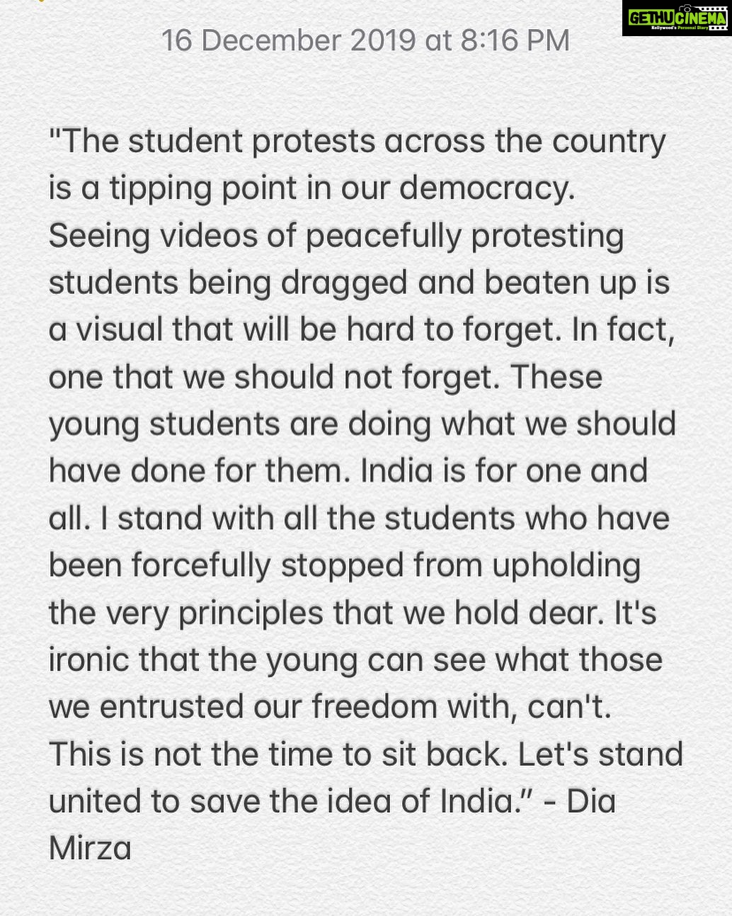Dia Mirza Instagram - I stand in solidarity with the students of India. I stand in solidarity with the Constitution of India.