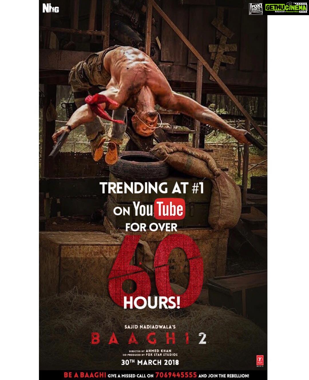 Disha Patani Instagram - Feeling thrilled, blessed and excited as #Baaghi2Trailer trends at #1 on #YouTubeIndia for over 60 hours! Thank you for all the love! @tigerjackieshroff @khan_ahmedasas #SajidNadiadwala @foxstarhindi@Nadiadwalagrandson @tseries.official @wardakhannadiadwala