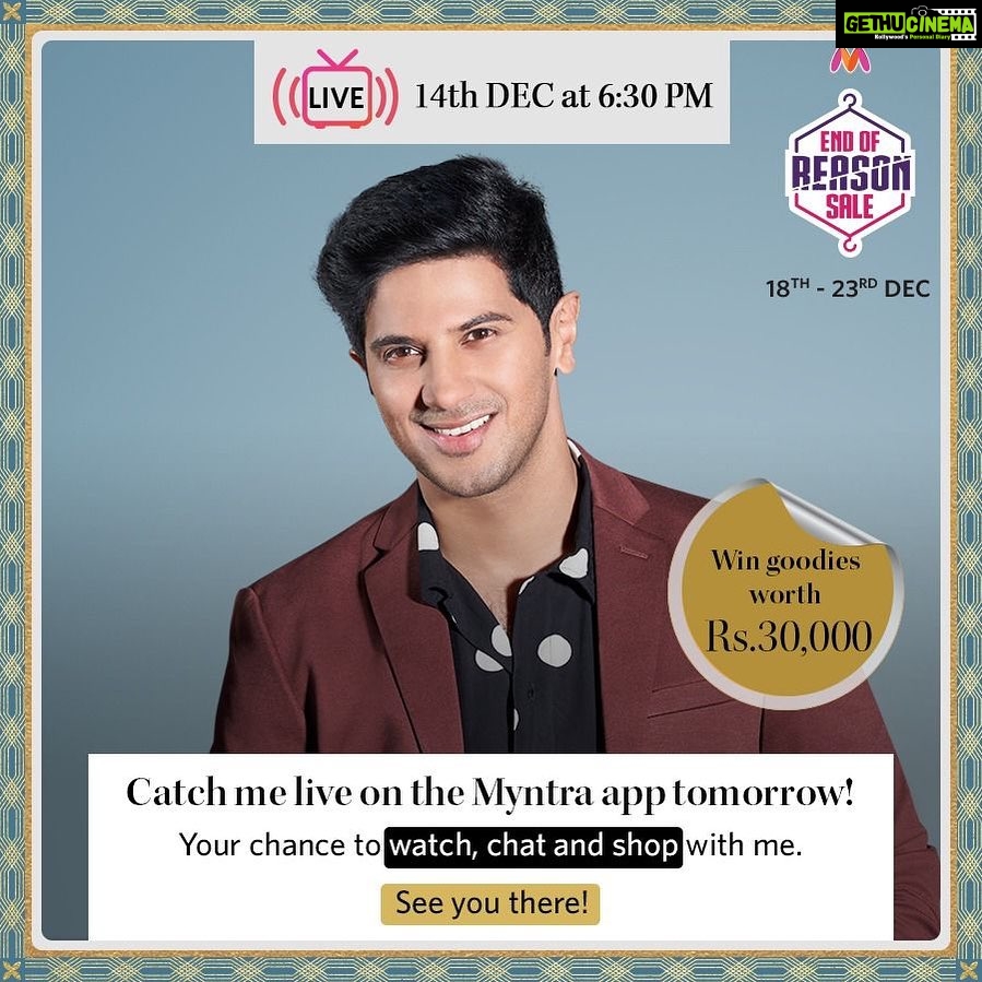 Dulquer Salmaan Instagram - Catch me live in India's first of its kind live shopping format only on the @Myntra App, tomorrow at 6.30 pm. #EORS #MyntraLive #Collaboration