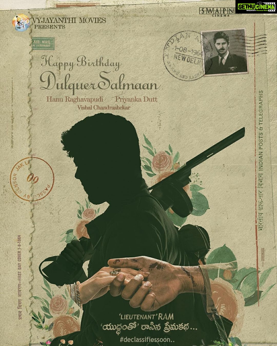 Dulquer Salmaan Instagram - It is my pleasure and honor to associate with Hanu Raghavapudi, Swapna Cinemas and Vyjayanthi Movies for this trilingual period drama. Thank you for this lovely birthday surprise. Can’t wait to don the role of Lieutenant Ram ! A film by @hanurpudi Music by @Composer_Vishal Produced by @SwapnaCinema Presented by @VyjayanthiFilms
