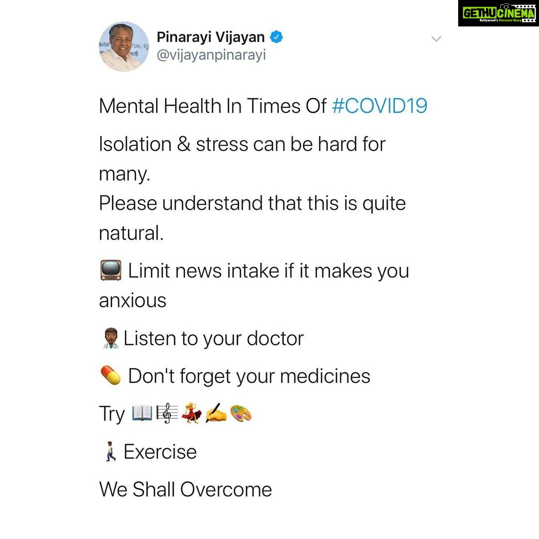 Dulquer Salmaan Instagram - Sound Advise from the Chief Minister ! A lot of the time excessive reading of the news and other uncorroborated forwards causes us anxiety. Including yours truly. Thank you for this. I shall be following the same. Everyone stay safe but at the same time stay calm. Take care of your physical health and try not to stress your mind. Peace to everyone ! #findingpeace #spreadinggoodenergies #weshallovercome #socialdistancing #BreakTheChain #Covid19