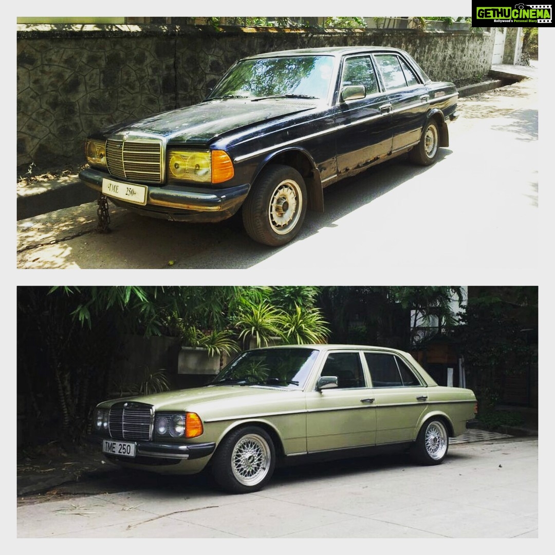 Dulquer Salmaan Instagram - Many of you ask me to post pics of my old W123 Mercedes. I don't post pics of my cars cause sometimes people take them in the wrong sense. I would love to share with enthusiasts but I request others to not find it offensive or elitist. I'm just blessed to be able to save a few of these beauties. I've loved W123s for as long as I can remember. They would feature in so many films and there were several of them in one of my favourite films which was 'Samrajyam'. I'd been aware of a 250 in chennai which used to belong to a family known in automotive circles. It used to be used by the grandfather of the house in the 80s. It had a busted carb and the second owner parked it to a side and forgot about it for over a decade. Without a cover or roof over her she was left to the elements to rust away. When we found her she was like Fred Flintstones car. Your feet would go through the floor due to the amount of rust. Almost 3 years later and inbetween drowning in the Chennai floods we managed to resurrect her. She has amazing spirit. Or good Carma as I like to call it. Refused to die or give up. TME 250. My beloved 1981 Mercedes-Benz 250 straight six petrol. First car I've ever embarked on restoring. New coat of Silberdistel green (which as usual I spent months deciding), lowered/stanced on period correct 16" BBS RS rims. Ive sourced & replaced everything possible on it. Now she runs like a dream and rides softer than any new car. At full chat gives me goosebumps with the way she sounds and can keep up with any modern car. She's my daily driver in between shoots and I love how small children and old people alike love to see her rolling by in all her former glory. #TME250 #mercedesbenz #mercedes250 #respectyourelders #stance #bbs #hollycarb #straightsix #originalgangster #youngtimer #modernclassic #restomod #petrolhead