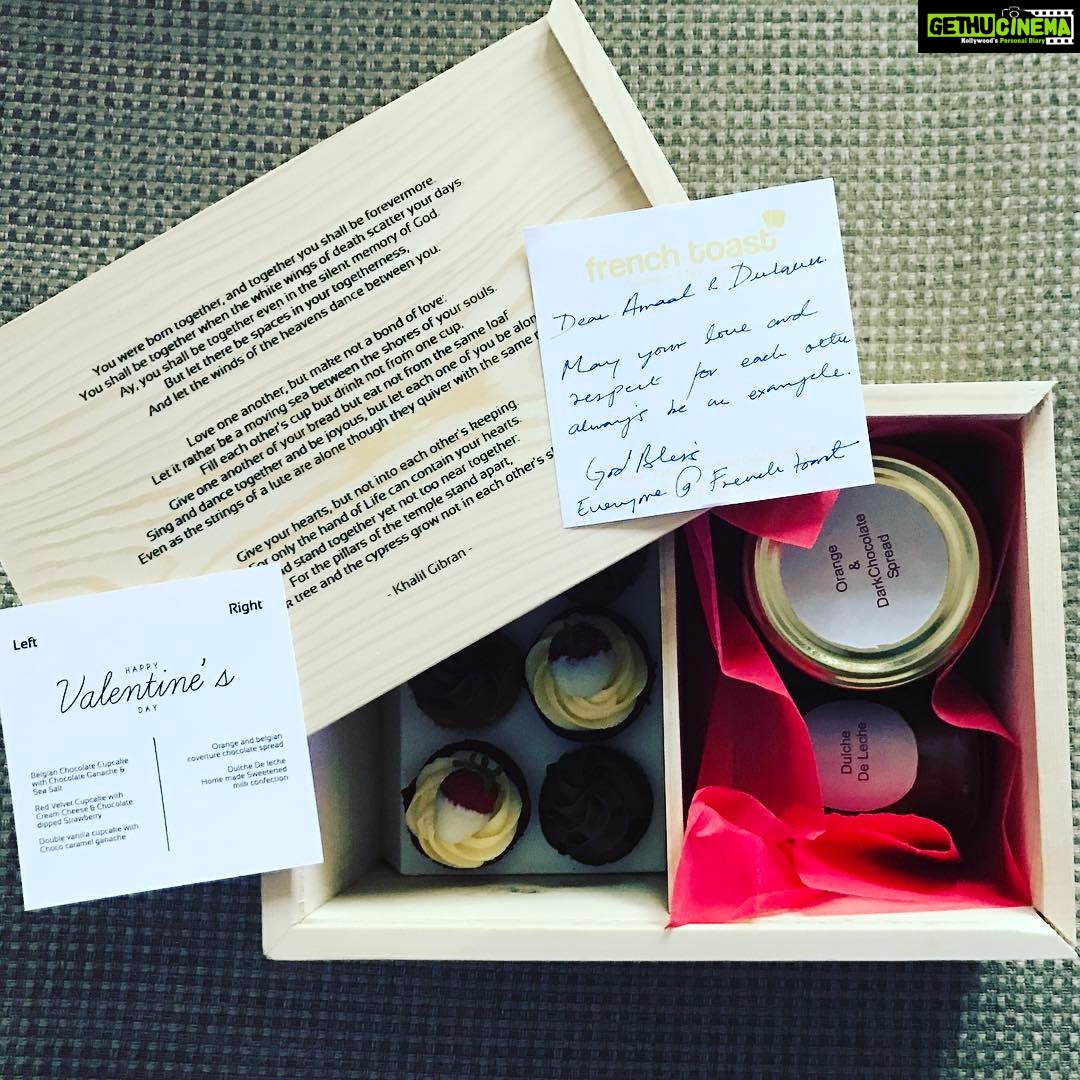 Dulquer Salmaan Instagram - Thank you so much @frenchtoastindia !! This is such a lovely little box of goodies and quotes. You guys are too sweet. You never miss an occasion to send us yummy treats. You are our favourite spot in Kochi ! ☺☺ Lots of love Your neighbours Dulquer & Amaal #neighborhoodcafe #frenchtoast #needtocontrol #urges #cravings #nosweets #onlydieteats #ughh #love #kindness #thanks