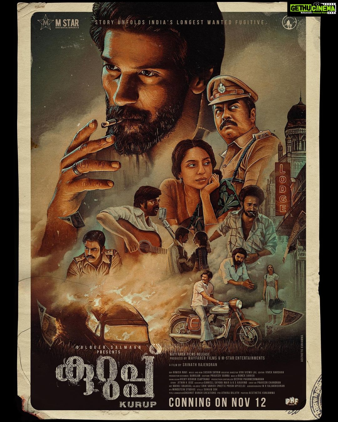 Dulquer Salmaan Instagram - At long long last, we are ready. Ready to set Kurup free. Our biggest film yet, Kurup, is free from being caged and locked down and slated to release in theaters all across the world. It has been a long ambitious yet arduous journey with Kurup. In ideation for several years. Filming for close to a year. And months and months of post production. And then the pandemic. There were long months where we had no idea if Kurup would ever see the light of day. But the unanimous and overwhelming love, the support, the constant requests from all of you to wait till theatres opened, helped us survive in some of the toughest times. I’ve said it to close family and friends many a time that the film Kurup almost feels like my second child. I feel like it’s a living breathing thing with a life and destiny of it’s own. There is nothing I havnt and wouldn’t do for this film to become the best version of itself. Physically and mentally I’ve given it my all. I know I’ve said a lot of ‘I’s. Not to take away from the tremendous effort and talent of the team that made it what it is. But I just want to speak from the heart about my special relationship with this film. We as a team have fought many battles internally and externally to bring it together. To do justice to it. To nurture and care for it. As it grew from an idea to everyday growing bigger and bigger to what is in my eyes a giant now. Kurup like I mentioned always had a destiny if it’s own. And I always knew it wouldn’t come out till it felt the time was right and it felt ready. And now it’s time to finally let Kurup free. And I pray and hope you all give it wings. And it reaches great heights. Conning Soon Across languages in cinemas near you on November 12th 2021 ! @dqswayfarerfilms @mstarentertainments @pharsfilm @brownachilles @indrajith_s @sobhitad @sunnywayn @shinetomchacko_official @bharath_niwas @nimishravi @sushintdt @rkvicky1990 #കുറുപ്പ് #குருப் #కురుప్ #ಕುರುಪ್ #कुरुपु #Kurup #ConningSoon