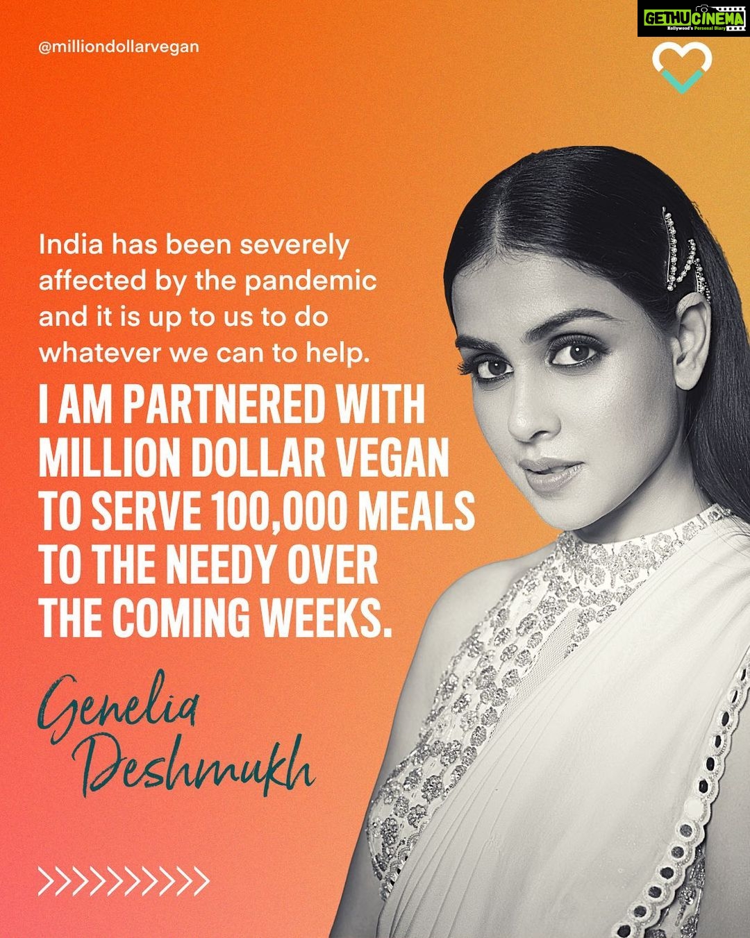 Genelia D'Souza Instagram - India has been severely affected by the pandemic and it is up to us to do whatever we can to help. I am partnered with @milliondollarvegan_india to serve 100,000 plant-based meals to the needy over the coming weeks. Not only is the food delicious and nourishing for those who need it so desperately, but we are also introducing the idea that plant-based nourishment is the only way forward for this earth, the animals and ourselves. #MillionDollarVegan @MillionDollarVegan #TakePandemicsofftheMenu #PlantBased