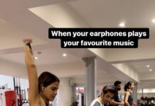 Genelia D'Souza Instagram - When your earphones play your favourite music 🤣🤣🤣 @romitsp27_official you are sooooo funny @ultimateperformancemumbai 💚