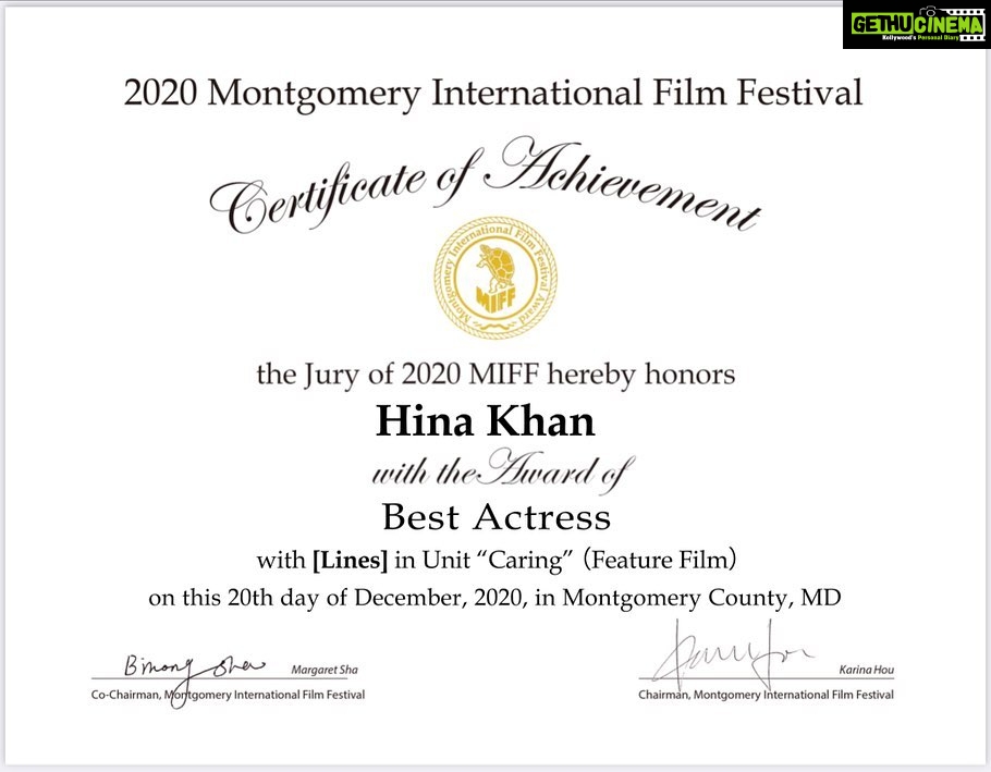 Hina Khan Instagram - This month I complete 12 years in the industry and I couldn’t be more proud of myself as my film LINES, is getting an overwhelming response overseas and has added another reason for the celebration. I am so thrilled and excited to share a token of appreciation received at the prestigious Montgomery International Film Festival, USA as Best Actress (Feature Film). #FaridaJalal @rahatkazmi @hirosfbf @rishi_bhutani