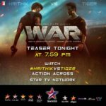 Hrithik Roshan Instagram - #WarTeaser is ready to take over your TV screens! Watch it on Star TV network at 7.59 PM TONIGHT. #HrithikvsTiger @tigerjackieshroff @_vaanikapoor_ @itssiddharthanand @yrf @stargoldofficial