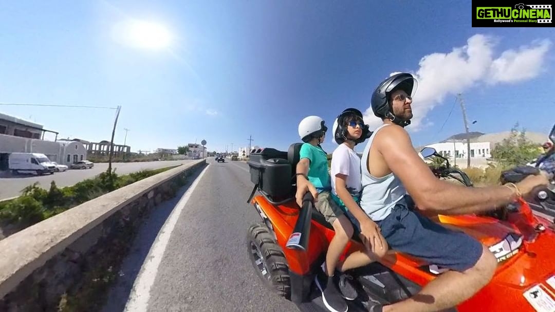 Hrithik Roshan Instagram - 2 boys and a man on a giant bike. That’s how we move. #summerinsantorini #greece #exploreeverywhere #dontjustexist #bff #createyourlife