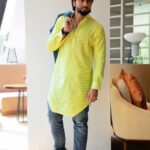Jackky Bhagnani Instagram - Neon चमक😎 Textured neon kurta: @deepakparwani Jeans: @diesel Shoes: @fila Denim jacket: @calvinklein Styled by: @rishabhk24 Assisted by: @mallaikaa07 📸 @mohit_essence
