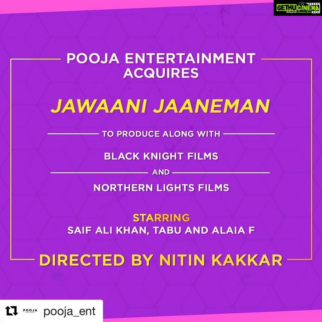 Jackky Bhagnani Instagram - #Repost @pooja_ent with @get_repost We at Pooja Entertainment are happy to announce our new venture #JawaaniJanemaan co-produced with #BlackKnightFilms and #NorthernLightFilms. Excited for this one! #VashuBhagnani @deepshikhadeshmukh #SaifAliKhan @tabutiful @alaiaf_ @nitinrkakkar @jayshewakramani #AkshaiPuri #PoojaEntertainment
