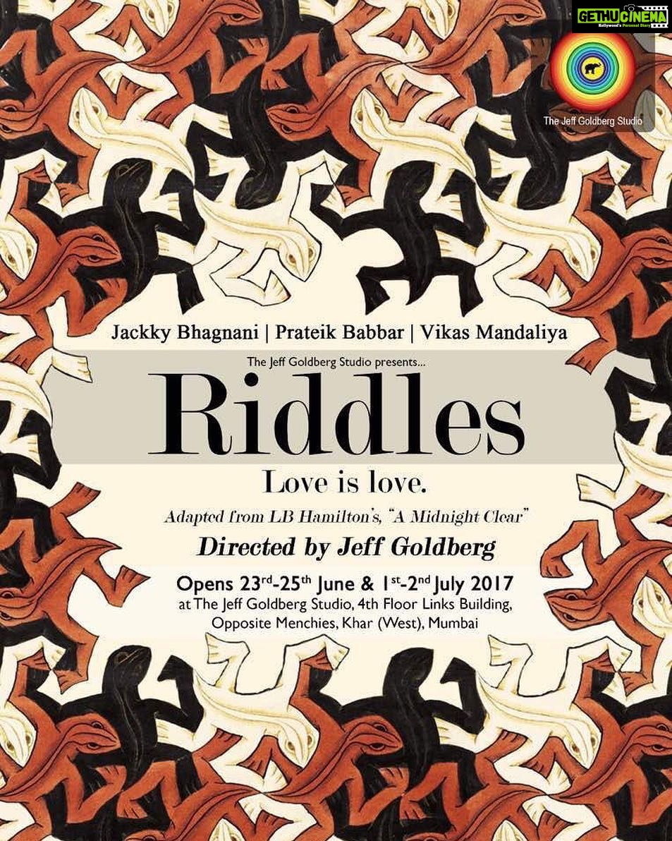 Jackky Bhagnani Instagram - Anxious, excited and nervous ahead of my theatre debut alongside @_prat & Vikas Mandaliya in a play written & directed by Jeff Goldberg. "Riddles" has been Inspired by L. B. Hamilton's 'A Midnight Clear'. More details about dates, timings and venue on my bio link or you can write to us at info@jgstudio.in. Check it out guys! #Theatre #Acting #Plays #Hamilton #Show #Riddles