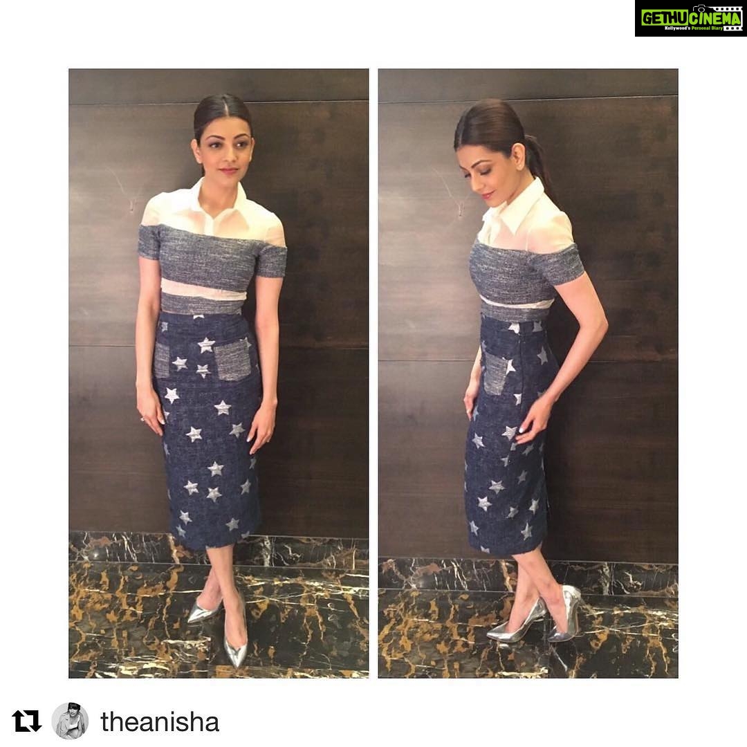Kajal Aggarwal Instagram - #Repost @theanisha with @repostapp ・・・ @kajalaggarwalofficial is on point in separates from @marinaqureshi and our favourite silver pumps for promotions of #khaidino150 in Hyderabad today.. assisted by @missdeepak