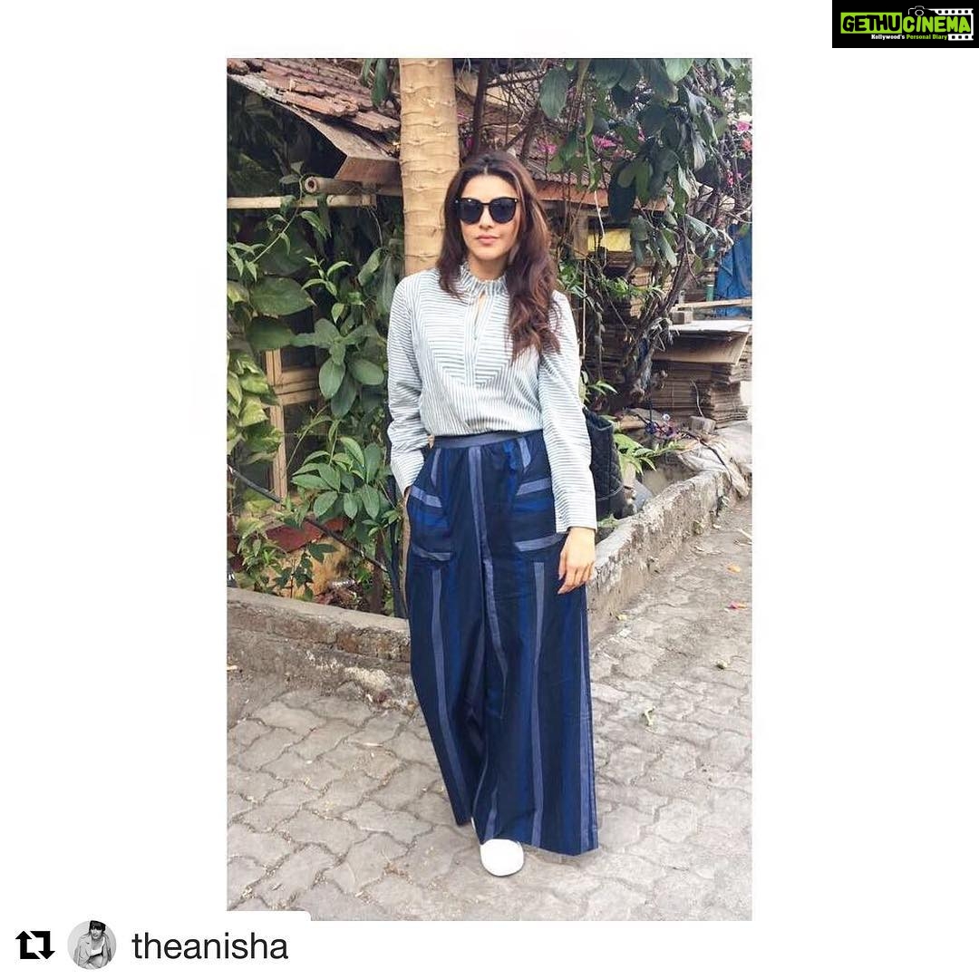Kajal Aggarwal Instagram - #Repost @theanisha with @repostapp ・・・ @kajalaggarwalofficial in @bungaloweight separates , @nativeshoes and @ferragamo glasses for life today! #sochic