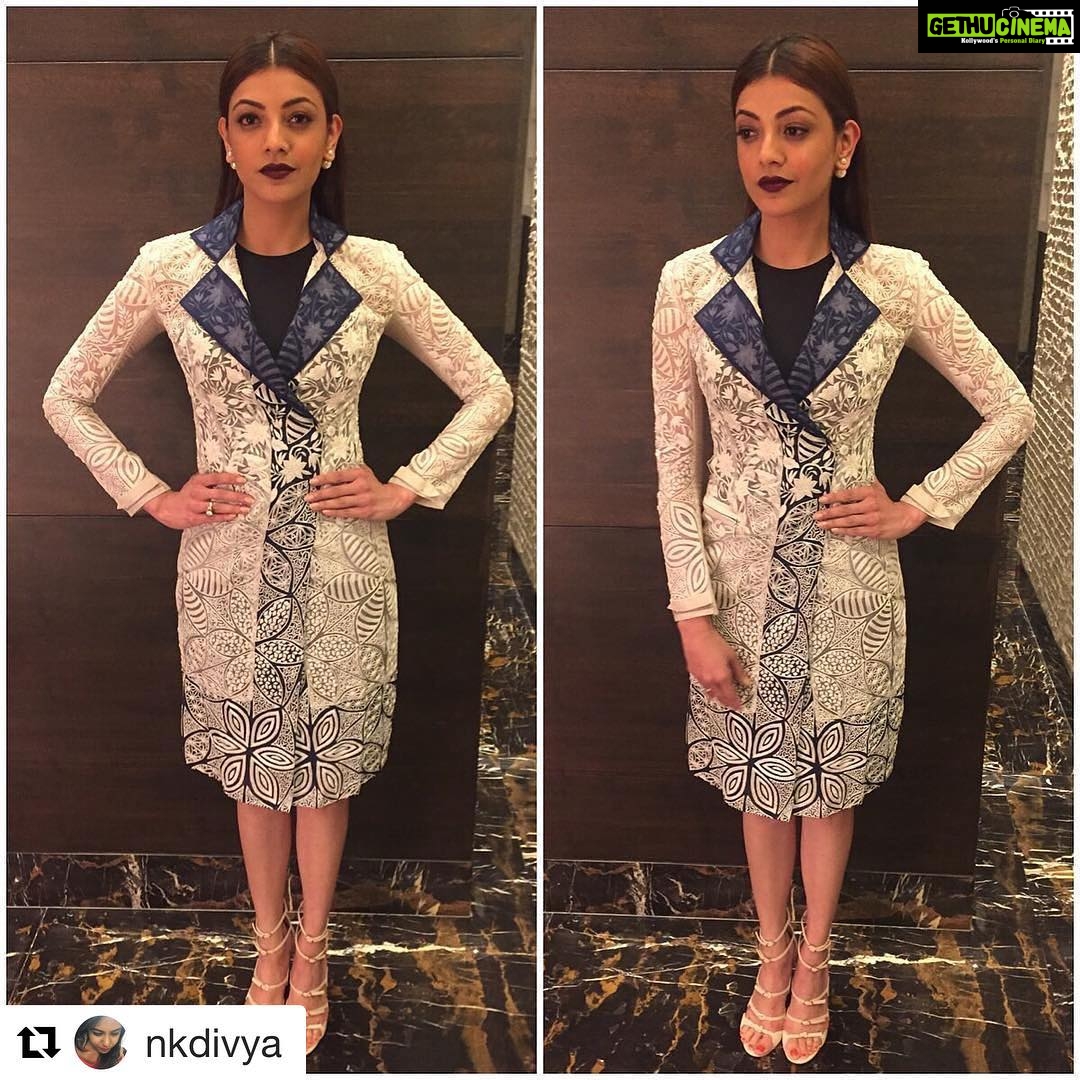 Kajal Aggarwal Instagram - #Repost @nkdivya with @repostapp ・・・ Super Beauty @kajalaggarwalofficial rockssssss the @rahulmishra_7 dress , earrings @dior , shoes @giambattistapr for the audio launch of #enthavarakueeprema styled by @nkdivya , @arpithakrishnappa , makeup @vishalcharan86 , hair @ashwini_hairstylist #stylefile #styling #kajalaggarwalka