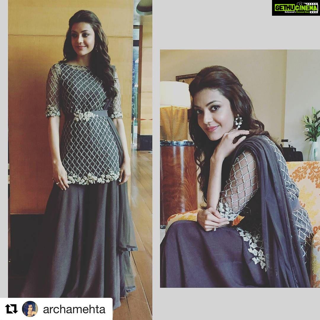 Kajal Aggarwal Instagram - #Repost @archamehta with @repostapp ・・・ Kajal Aggarwal in a @ridhimehraofficial and jewellery from @minerali_store @rahejavarun for a Bru coffee event today.. #prettypretty #kajalaggarwal Makeup : @vishalcharan86 Hair : @ashwini_hairstylist