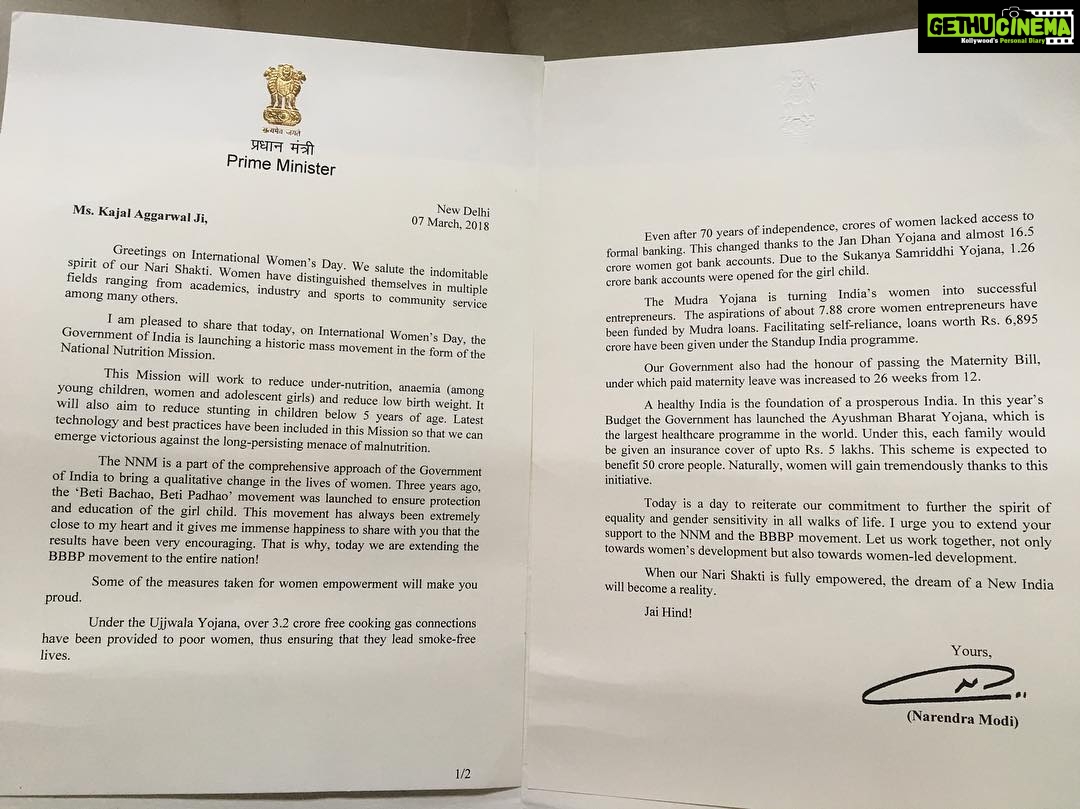 Kajal Aggarwal Instagram - @narendramodi Dear Mr. Prime minister, Thank you for your very informative letter and the lovely women's day wishes! I really appreciate the effective movements like BBBP and NNM and pledge my support in every way possible for the empowerment of women. The bills and schemes are so encouraging and I truly believe will make a big difference in the functionality and hygiene of our systems. Best regards, Kajal Aggarwal #NariShakti #BetiBachaoBetiPadhao