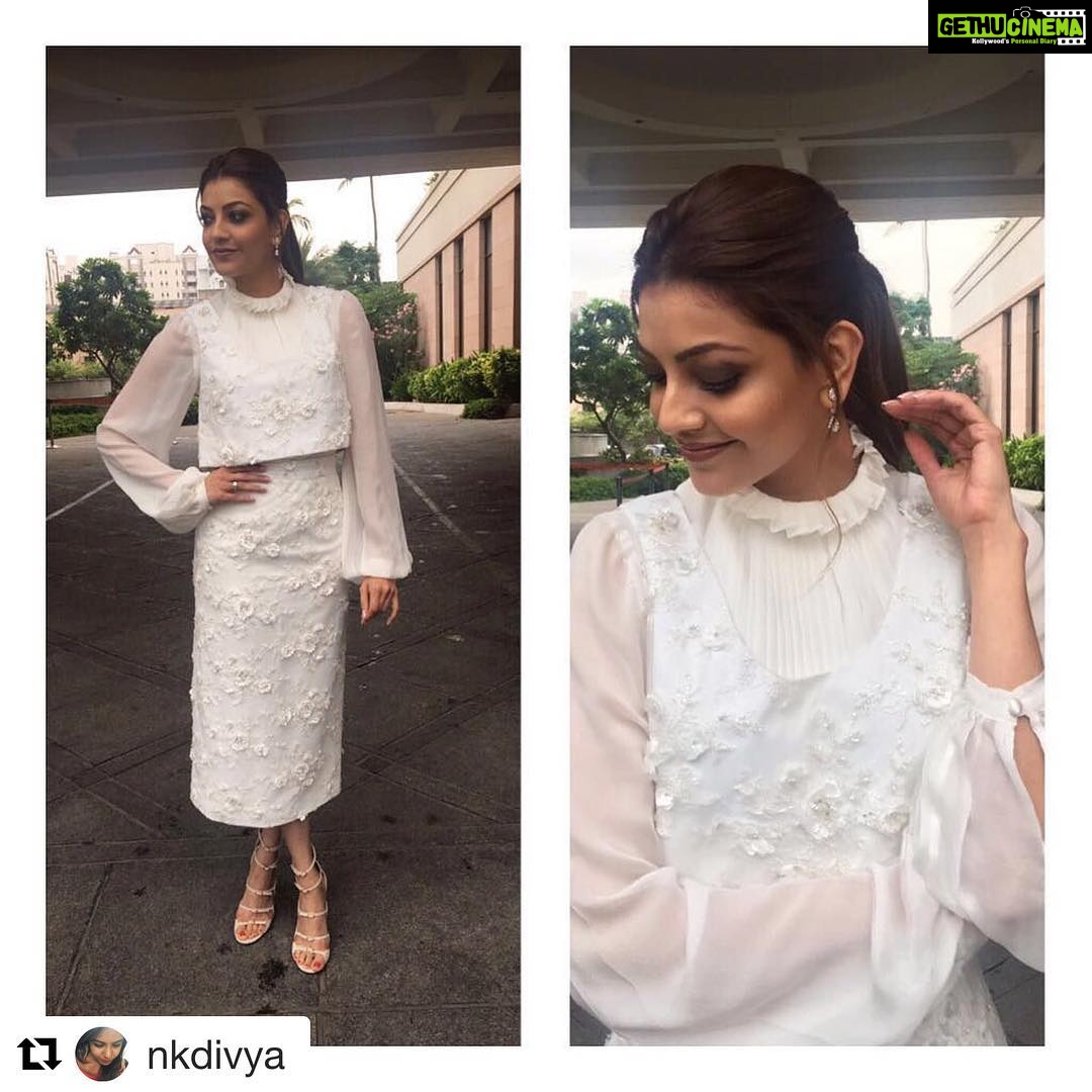 Kajal Aggarwal Instagram - #Repost @nkdivya (@get_repost) ・・・ @kajalaggarwalofficial is a vision in white in @carolineshayden outfit , earrings @vivekjhaveri.in , sandals @giambattistavalliparis for the launch of #parisparis in Chennai today! Beauty by @vishalcharan86 @ashwini_hairstylist