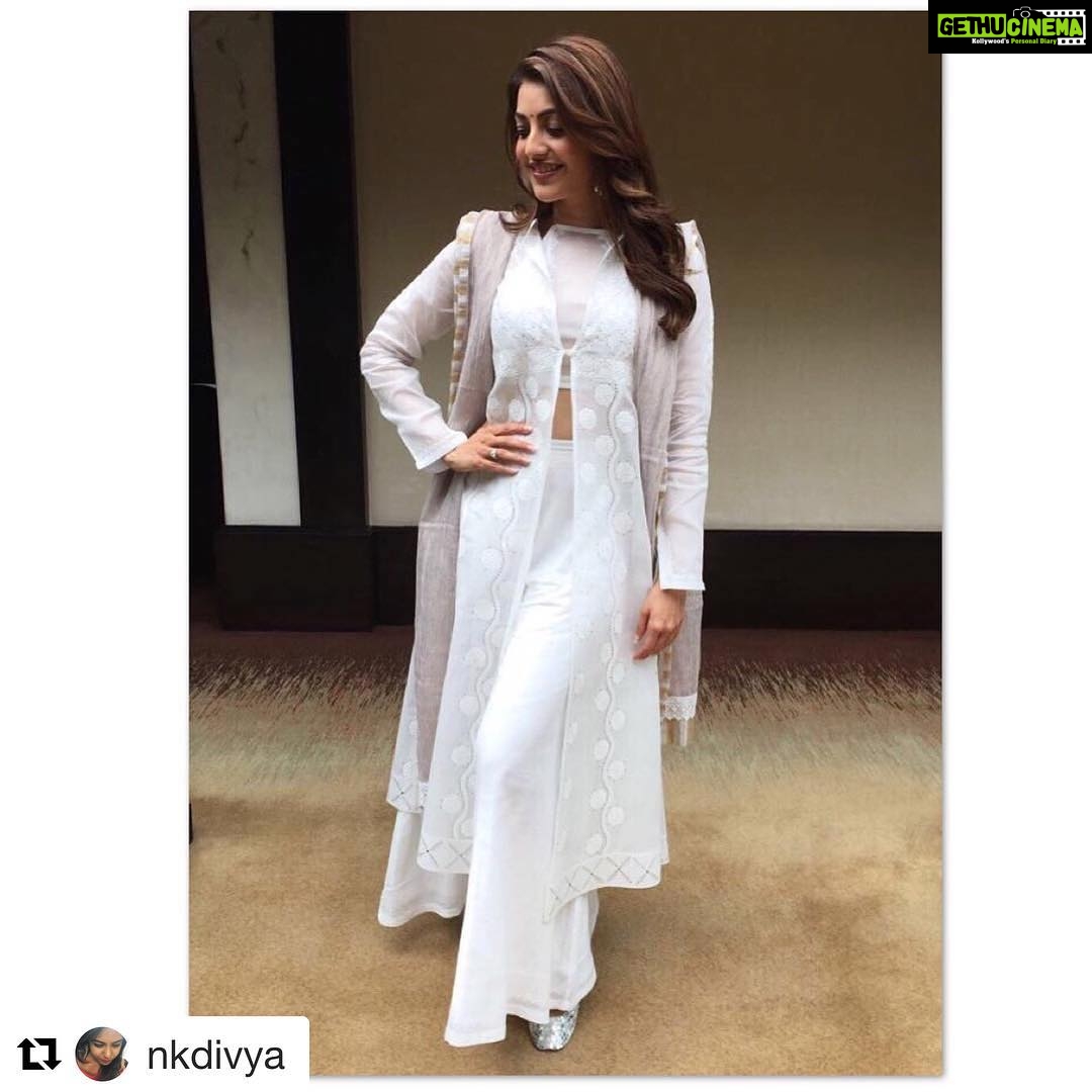 Kajal Aggarwal Instagram - #Repost @nkdivya (@get_repost) ・・・ Simply Elegant @kajalaggarwalofficial in @houseofkotwara , earrings @purabpaschim for tv interviews of #NeneRajuNeneManthri in Hyderabad today! Beauty @vishalcharan86 @ashwini_hairstylist