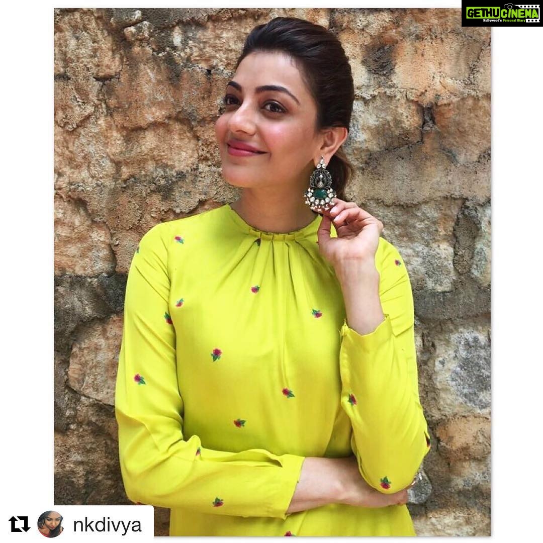 Kajal Aggarwal Instagram - #Repost @nkdivya (@get_repost) ・・・ 🌼🌼 @kajalaggarwalofficial in @raw_mango , @sangeetaboochra for the promotions of #NRNM in Hyderabad today! Beauty by @vishalcharan86 @ashwini_hairstylist