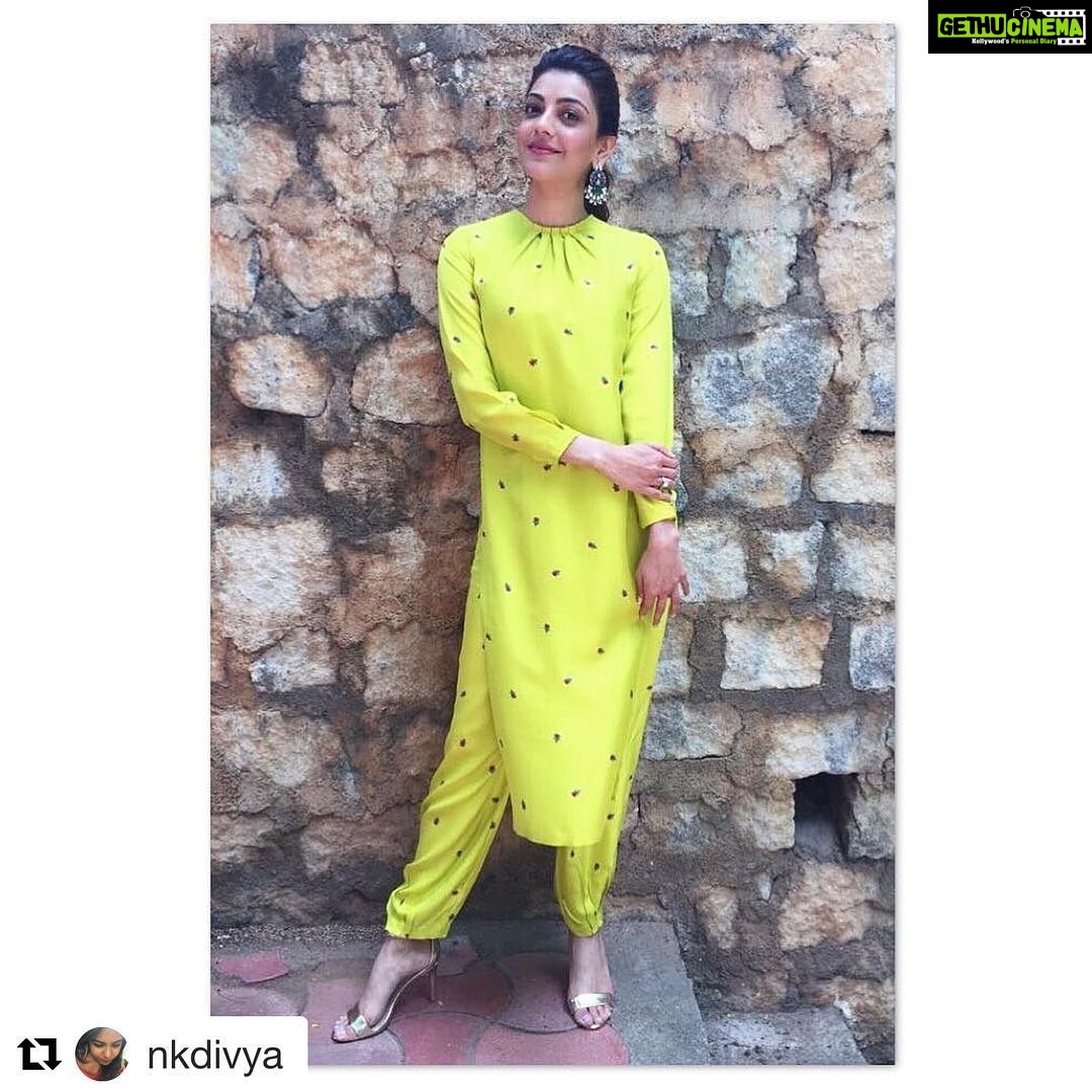 Kajal Aggarwal Instagram - #Repost @nkdivya (@get_repost) ・・・ Beautiful @kajalaggarwalofficial Kick-Starting promotions of #NeneRajuNeneMantri in outfit @raw_mango , earrings @sangeetaboochra at Hyderabad today! HMU - @vishalcharan86 , @ashwini_hairstylist