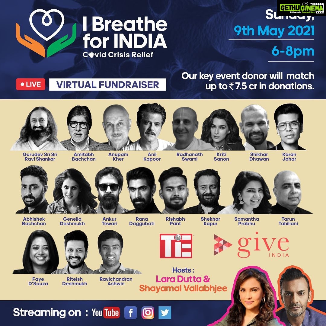 Karan Johar Instagram - Everyone has been witnessing the devastating effects of the Covid crisis in India. India is gasping for breath. Join us online today as we come together for a one-of-a-kind live, virtual fundraiser where for every rupee raised our donor partners will match the proceeds. Together we can make a difference. I BREATHE FOR INDIA. Click on the link in bio to donate http://bit.ly/IBreatheForIndia The only way to make a difference is - TOGETHER #IBreatheForIndia #donate @give_india @larabhupathi @shayamal @TiEGlobal1